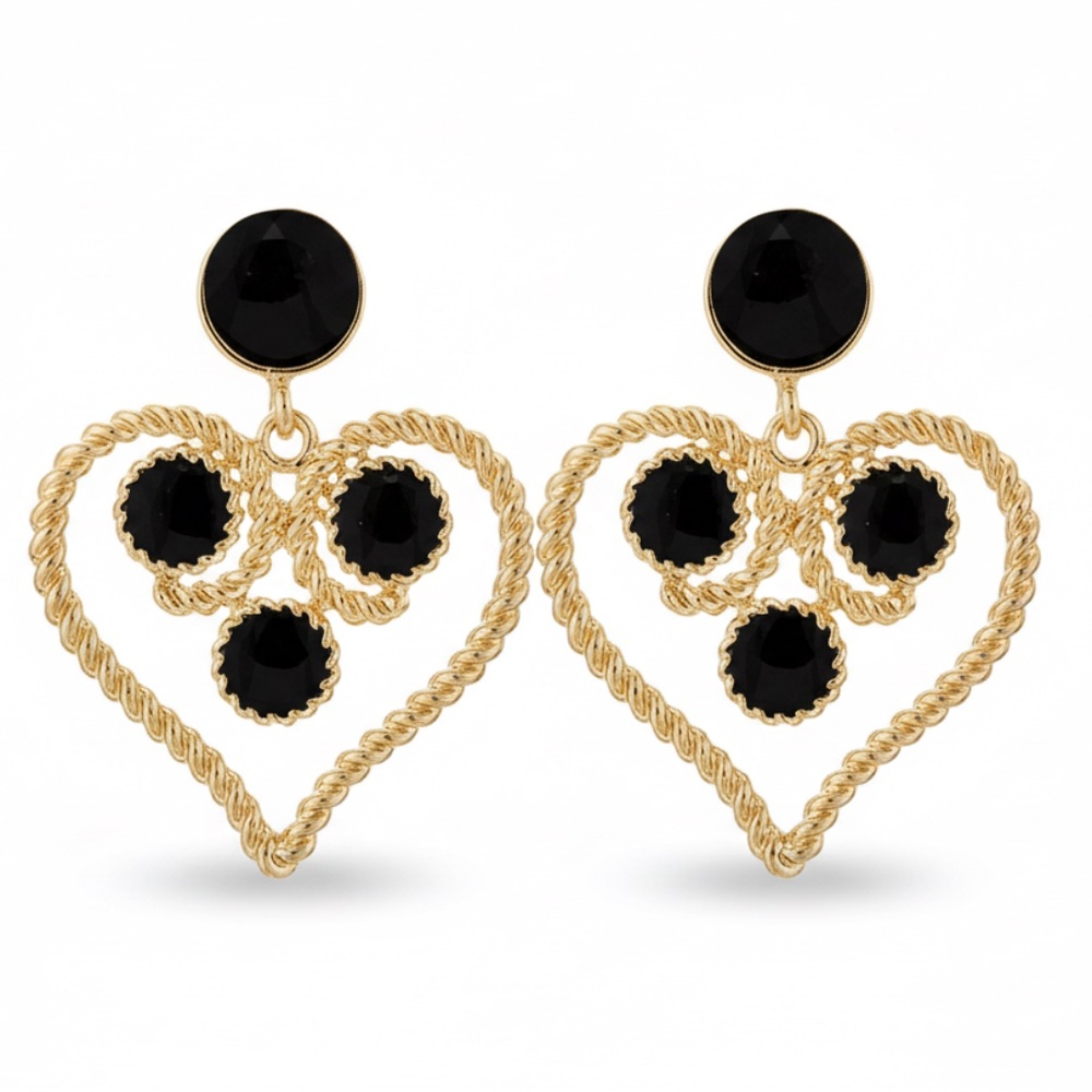 Womens‎ Gold Tone Heart Hoop Earrings with Black Designs
